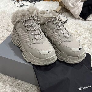 Balenciaga Women's Taupe Fur-Trim Sneakers